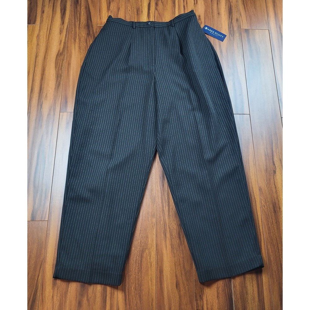 Karen Scott Black Dress Pants Wide Leg Lined Pinstripe Career Size 16